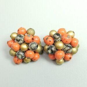 Vintage Orange and Gold Tone Beaded Cluster Clip On Earrings, Made in Japan